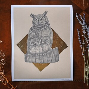 Owl with Chicks Fine Art Print | Original Drawing | Pencil and Gold Leaf