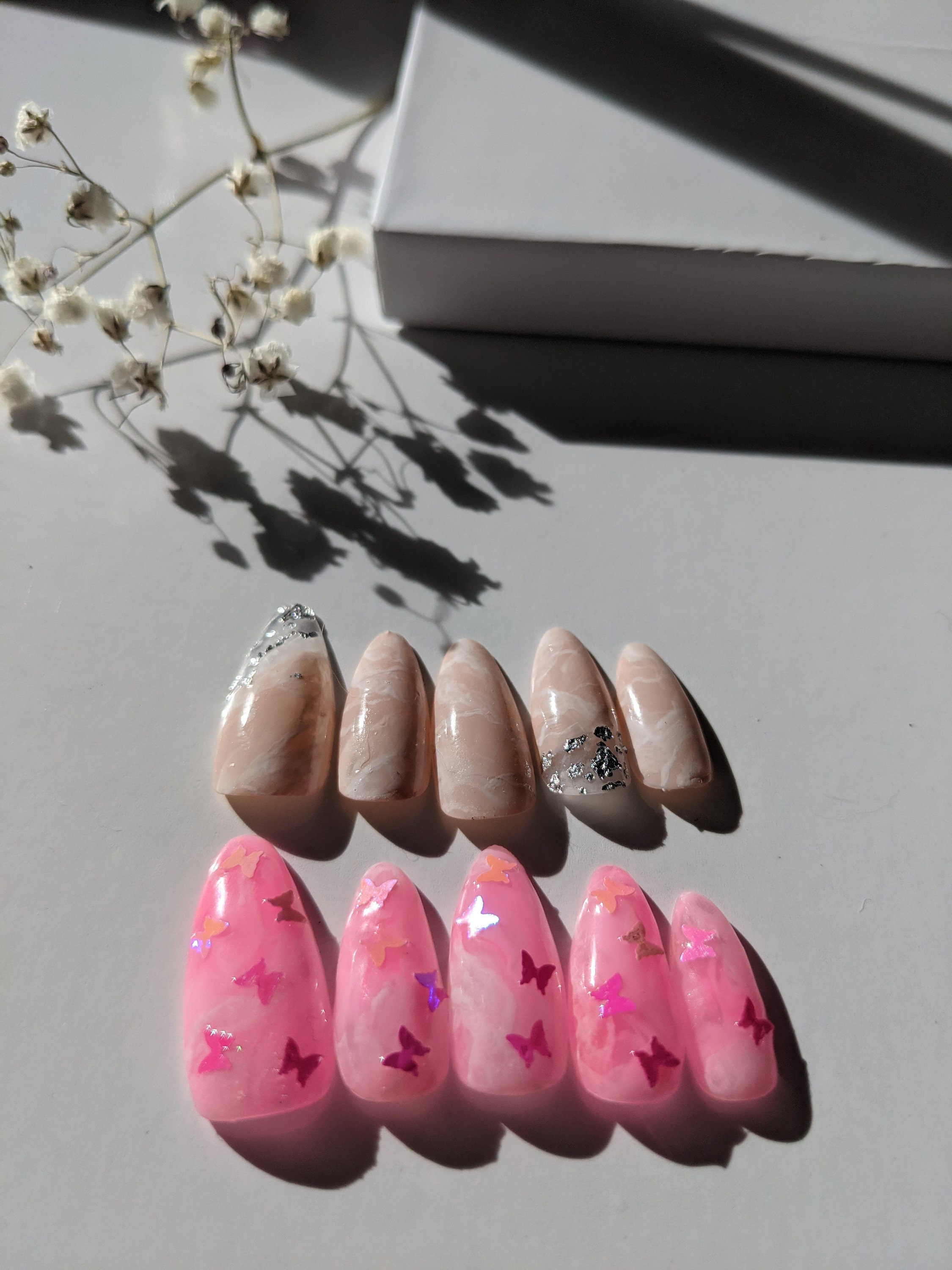 Light Pink Marble with Silver Foil Press-On Nails Stiletto | Etsy