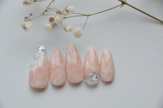 Light Pink Marble with Silver Foil Press-On Nails Stiletto | Etsy