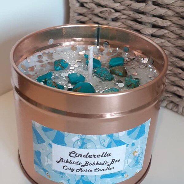 Cinderella Bibbidi Bobbidi Boo Candle Handmade Bioglitter Turqouise Crystals Gift Princess Disney Rose Gold Tin