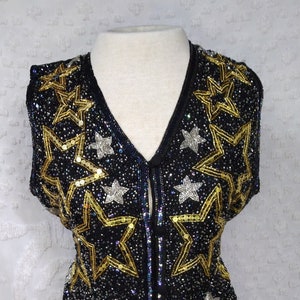 Beaded silk vest,Vintage,black and gold beaded stars,sequence,New Years Eve