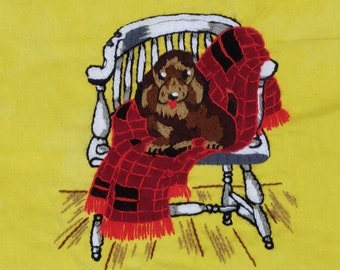 Completed Embroidery, vintage decor, dog in chair,home decor, yellow,, wall hanging, unframed