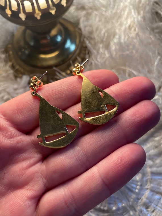 Gold Tone enamel sailboat Earrings Ivory Color En… - image 5