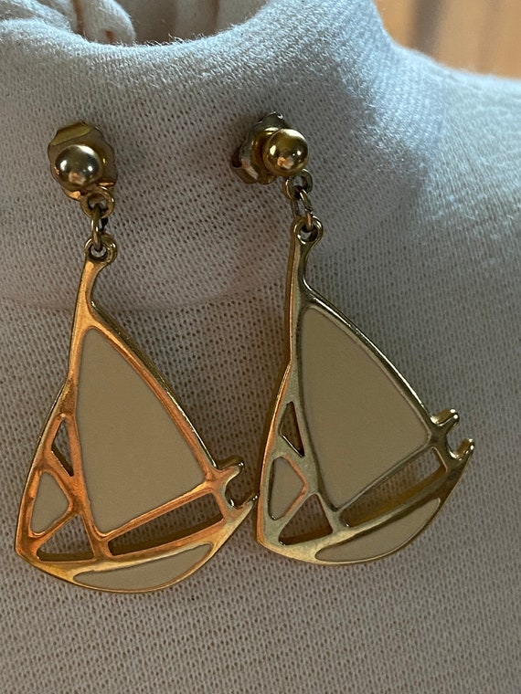 Gold Tone enamel sailboat Earrings Ivory Color En… - image 2
