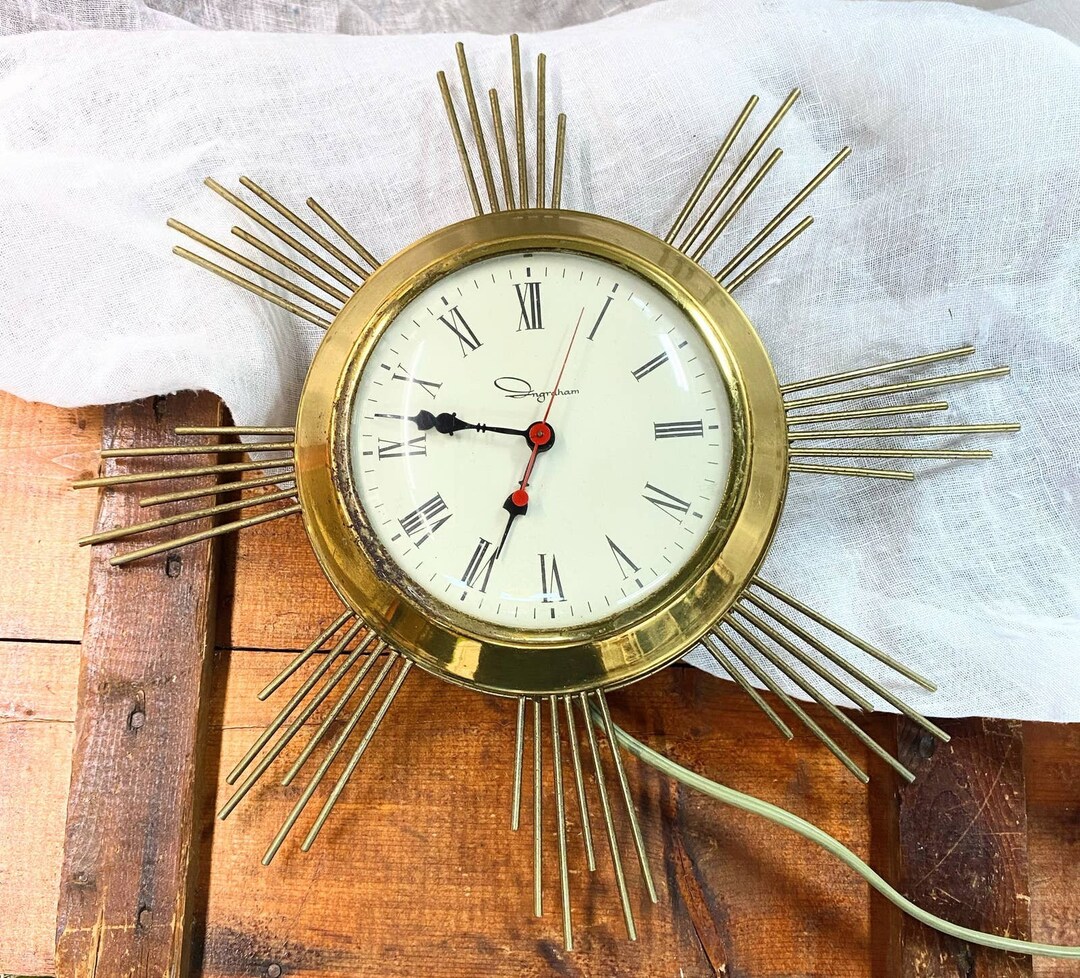 INGRAHAM Starburst Sunburst Kitchen Wall Clock Mid Century Brass Etsy