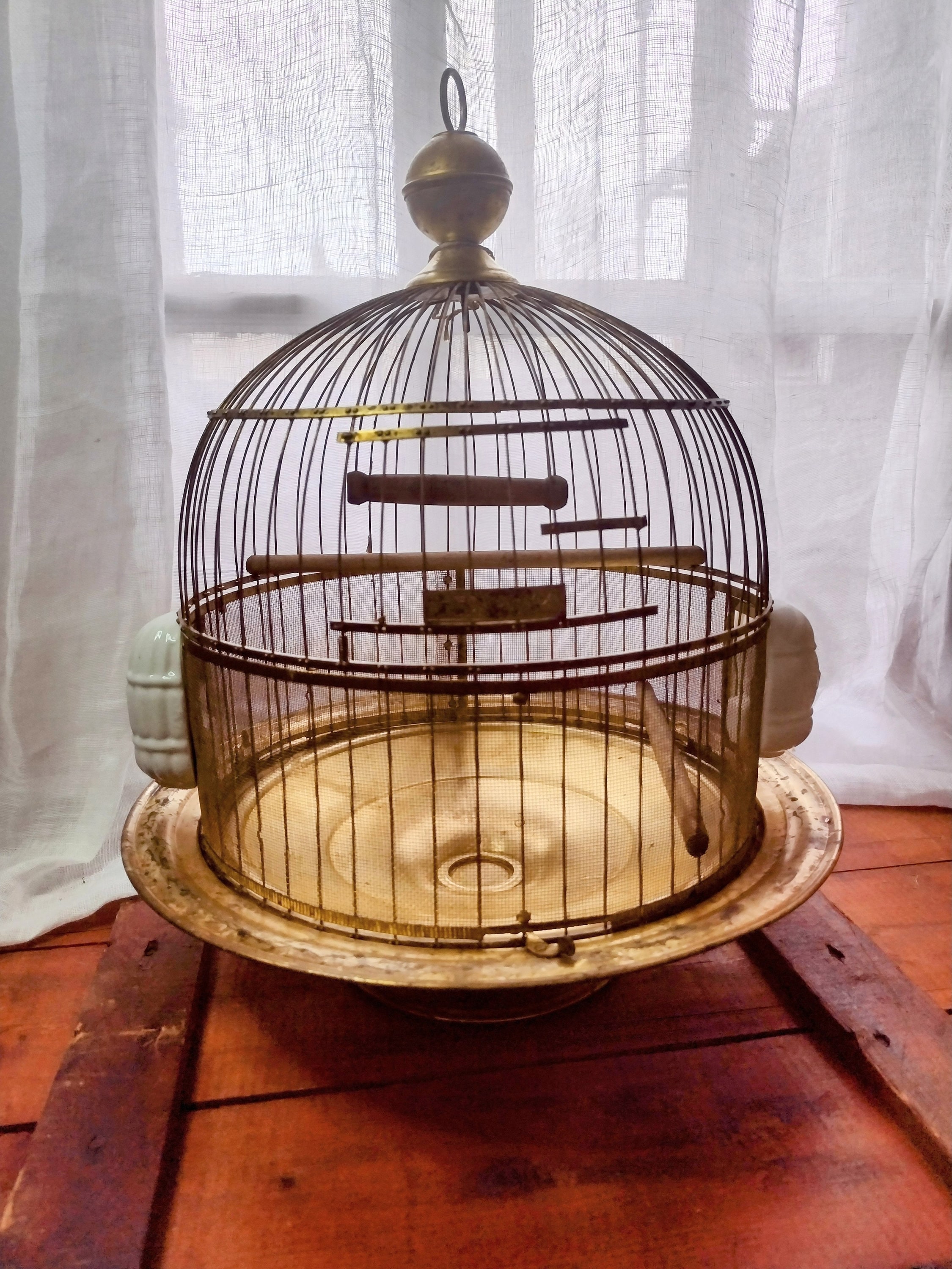 Brass Hendryx Bird Cage With Milk Glass Feeders,hanging Bird Cage