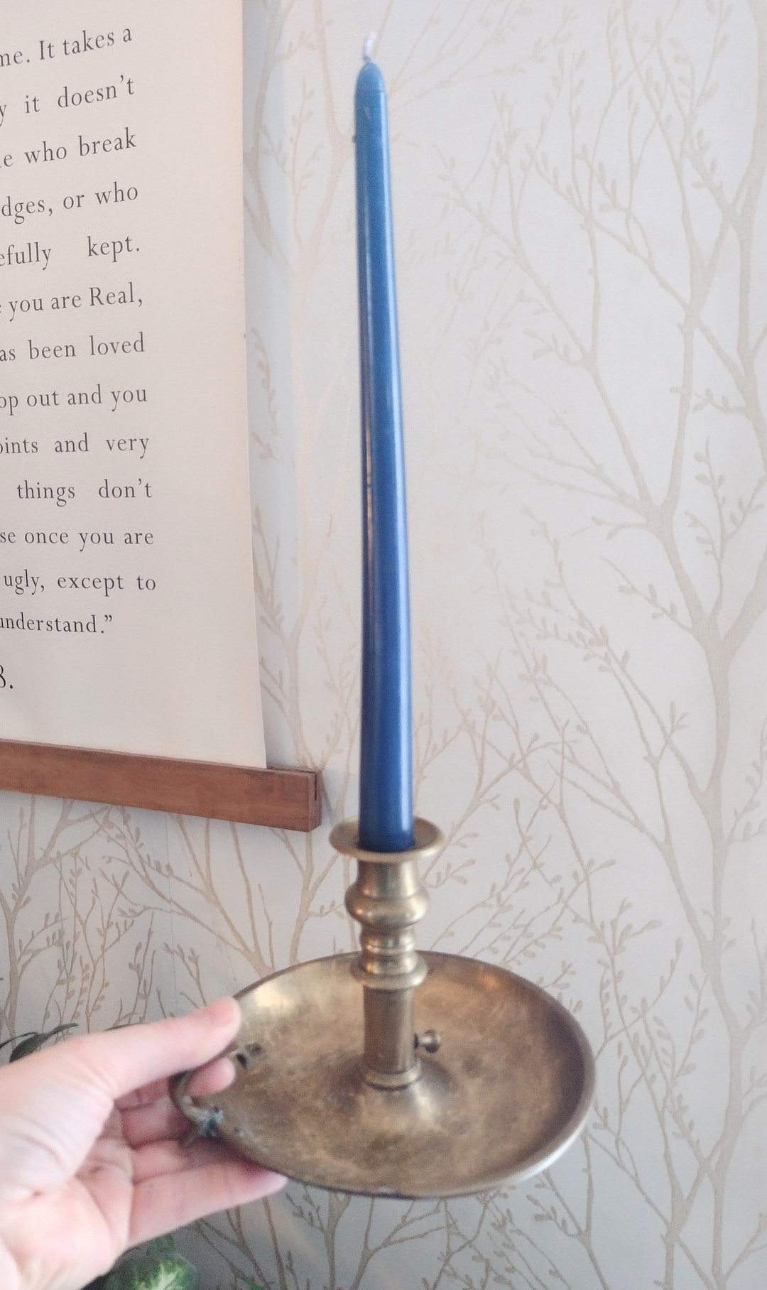 Antique Round Brass Candle Holder With Finger Lift and Handle, Antique