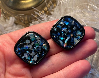 Druzy black and blue 80s square stud earrings