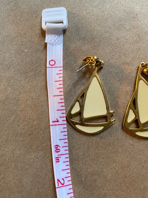 Gold Tone enamel sailboat Earrings Ivory Color En… - image 6