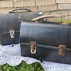 1960s Retro Metal Lunch Pails with Handle. Vintage Industrial Lunch Boxes. Hard Side, Dome Lid Lunch Pail.