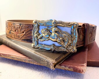 Boucle De Ceinture Western Vintage Années 80 - Métal Argenté, Motif Cheval Et Jument