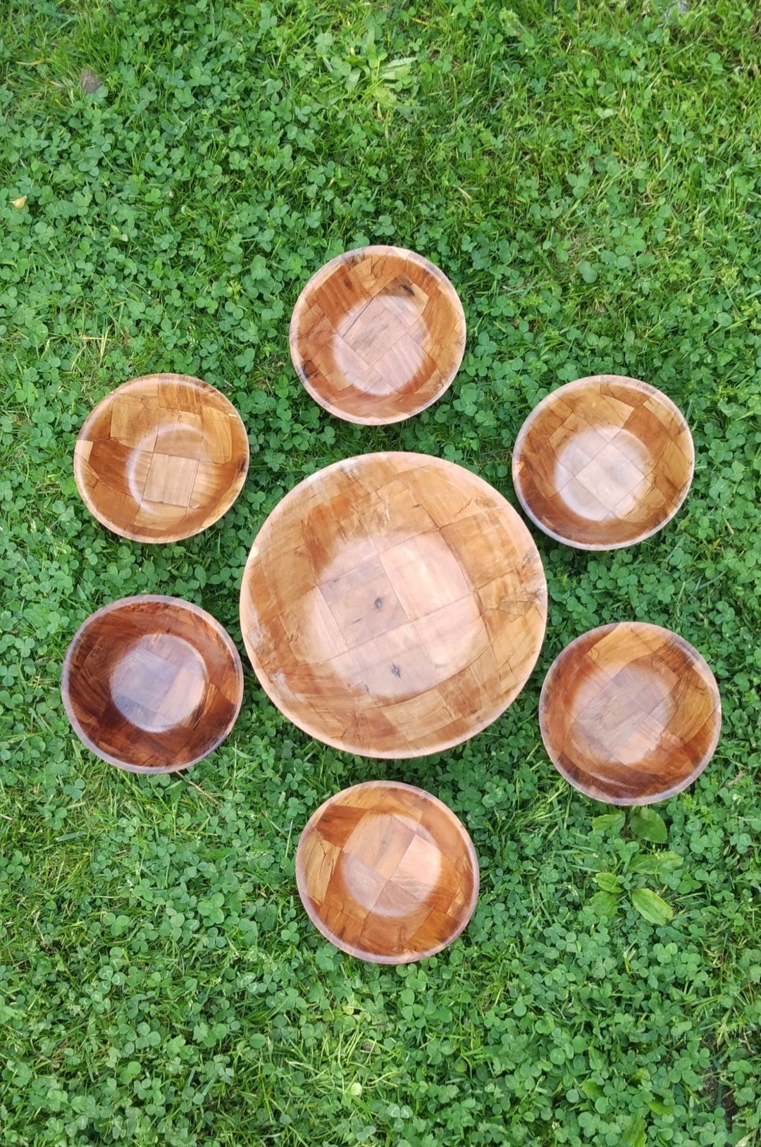 Wooden Salad Bowl Set Vintage Dishes 7 Piece Wood Etsy