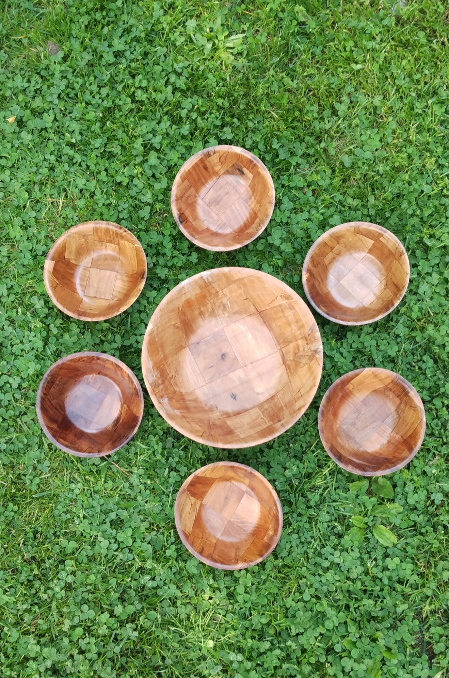 Wooden Salad Bowl Set Vintage Dishes 7 Piece Wood Etsy