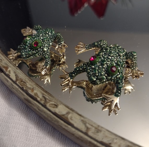 Frog brooches with gemstone eyes,Vintage, Green a… - image 1