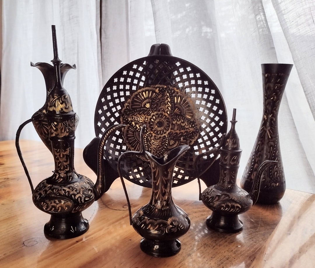 Metal Engraved Tea Set, Antique Tea Set,black and Gold Decor, Ornate