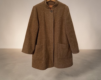 Herman Kay 100% Pure Wool Car Coat Brown Textured Mid Length Jacket Stand Collar