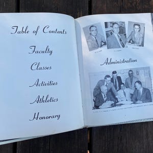 May include: Open book with a table of contents, faculty, classes, activities, athletics, and honorary sections. The right page features photos of administrators. The book is open on a dark wooden surface.