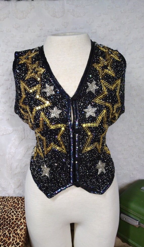 Beaded silk vest,Vintage,black and gold beaded sta