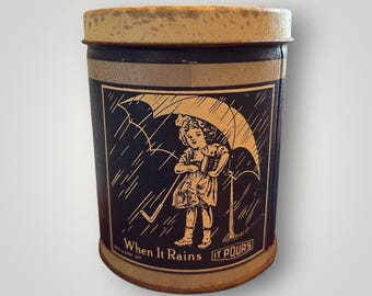 Vintage Morton Salt Tin Canister When It Rains It Pours Blue Umbrella Girl