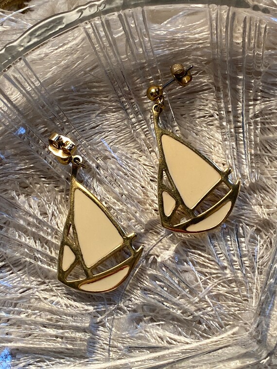 Gold Tone enamel sailboat Earrings Ivory Color En… - image 1