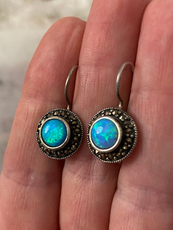 Sterling silver round opal drop earrings