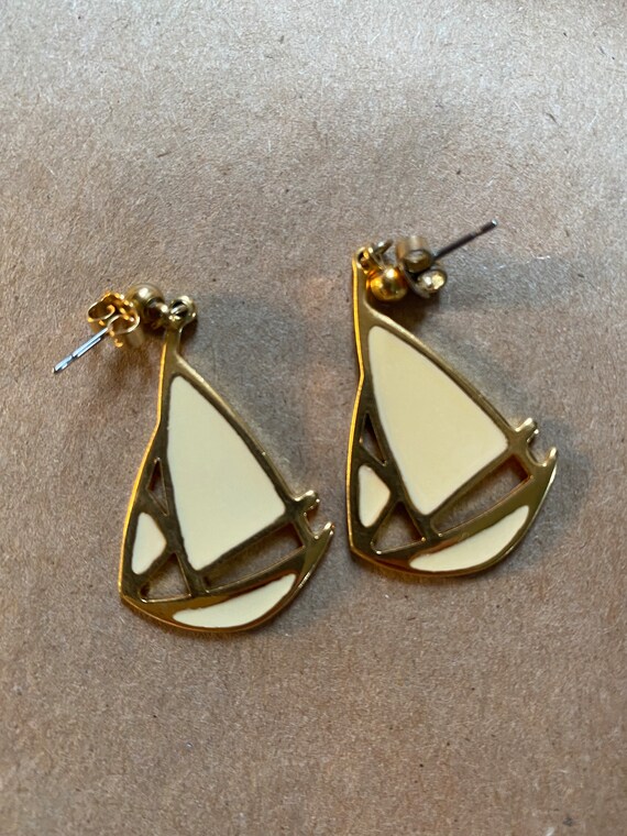 Gold Tone enamel sailboat Earrings Ivory Color En… - image 4