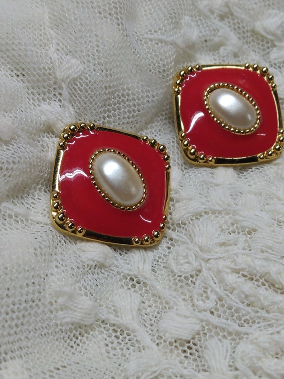 Red stud earrings, Vintage Jewelry, Costume jewel… - image 3