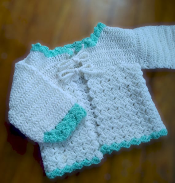 Handmade vintage baby sweater and hat,1970's, gree