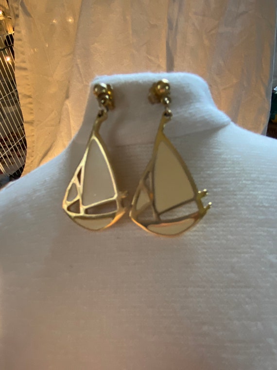Gold Tone enamel sailboat Earrings Ivory Color En… - image 3