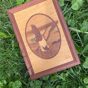 Vintage Hudson River Inlay Marquetry Wood Framed Artwork Of Duck - Jeff Nelson
