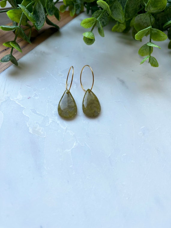 Wedding Gold Hoops Green Hoops Gold Spring Green Peridot Simple Gift For Her Anniversary Rough Finished Bridal