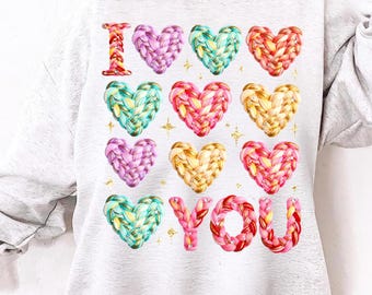 Faux Yarn Crochet I Love You PNG, Latch Hook Yarn Valentine Heart png, Coquette Retro Valentine Shirt PNG Download, Heart png
