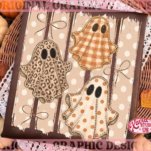 Preppy Halloween Ghost Trio Stitched Png, Spooky Halloween Sublimation Design, Quilted Fabric Ghost Png, Gingham Polka Dot Trendy Autumn