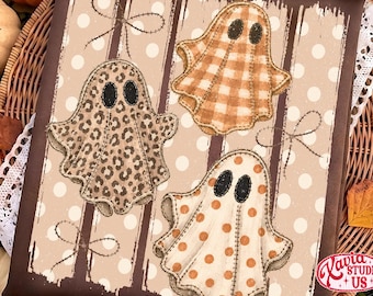 Preppy Halloween Ghost Trio Stitched Png, Spooky Halloween Sublimation Design, Quilted Fabric Ghost Png, Gingham Polka Dot Trendy Autumn