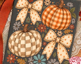 Preppy Pumpkin Stitched PNG, Quilted Fabric Autumn Bow Graphic, Trendy Gingham Leopard Sublimation, Cute Fall Shirt Digital Download