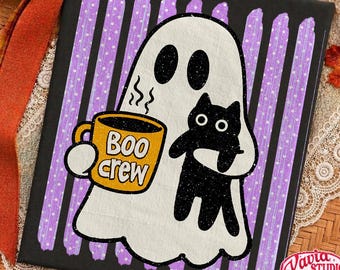 Stripe Cute Halloween Ghost Coffee PNG, Spooky Coffee Design, Black Cat Halloween PNG, Funny Striped Ghost Shirt PNG, Digital Download