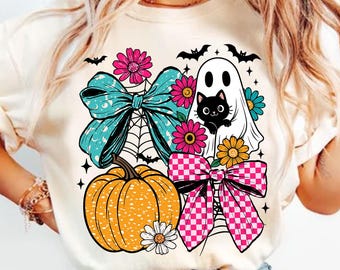 Retro Halloween Ghost And Cat Png, Spooky Ghost Png, Funny Halloween Png, Black Cat Png, Preppy Floral Halloween Png, Boo Png, Digital File