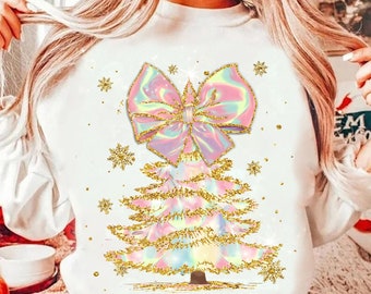 Iridescent Christmas Tree PNG, Coquette Christmas Png, Iridescent Christmas Png, Girly Christmas Png, Colorful Glitter Christmas Tree Png