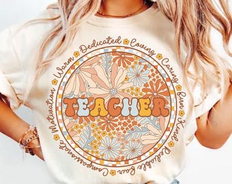 Retro Floral Teacher png, Teacher Png Sublimation, Teacher Shirt Design, Teacher Png, Teacher Appreciation Png, Spring Boho Wildflowers Png
