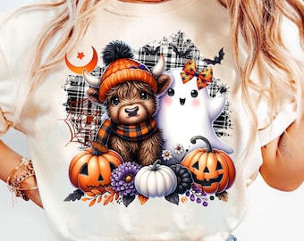 Süßer Herbst Highland Kuh Geist Png, Gruselige Saison Png, Herbst Kuh Shirt Png, Halloween Kürbis Gewürz Png, Boo Geist Sublimationsentwurf Digital
