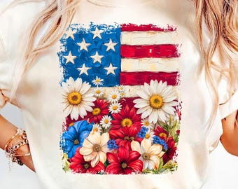 Floral American Flag PNG, 4th of July PNG, America Png, Patriotic PNG Design, Coquette 4th Of July Png, Retro 4th of July Png Designs