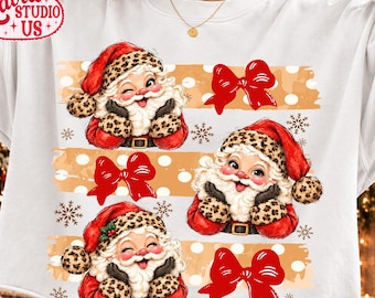 Retro Santa Graphic PNG, Preppy Leopard Christmas Santa Claus, Striped Wreath Xmas Sublimation Design, Cute Holiday Shirt Digital File