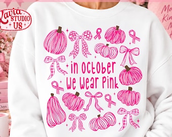 In October We Wear Pink Png, Pink Ribbon Png, Breast Cancer Awareness Doodle Png,Breast Cancer Support Png, Coquette Bow,Pumpkin Outline Png