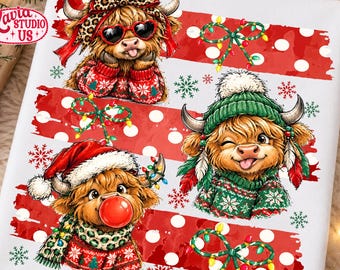 Preppy Christmas Highland Cow PNG, Santa Hat Cow Graphic, Striped Farmhouse Xmas Sublimation Design, Cute Holiday Shirt Digital File