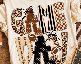 Game Day Png, Preppy Football Design, Leopard Checkered Polka Dot Football Shirt Graphic, Coquette Bow Sublimation, Touchdown Png