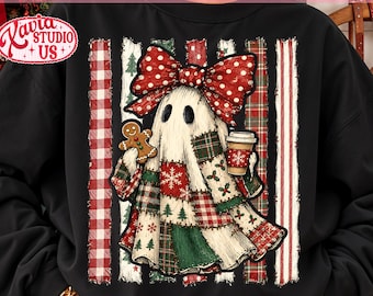 Striped Ghost Christmas PNG, Patchwork Christmas Ghost Design, Kids Christmas Shirt PNG, Coquette Preppy Christmas Digital Download