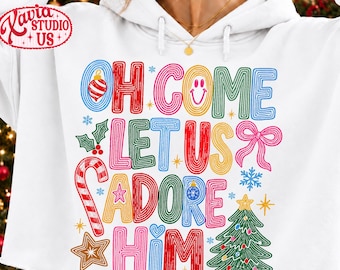Oh Come Let Us Adore Him Png, Jesus Christmas Outline, Religious Christmas Doodle Jesus Cross, Christian Christmas Png, Preppy Christmas Png