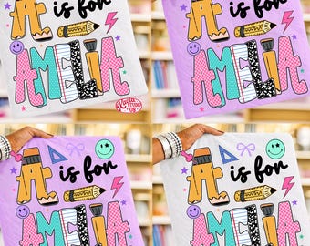 Custom Name School Girl Png, Custom Alphabet Kids Smiley Png, Coquette Cute Kindergarten, First Day Of School png, Colorful, Viral