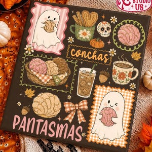 May include: A black rectangular canvas print featuring illustrations of ghosts holding conchas, a basket of conchas, a sugar skull, a mug with heart-shaped cookies, a glass of iced coffee, a coffee mug, an acorn, and a bow. The text reads conchas and PANTASMAS.