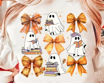 Bokinspirerad Halloween-png, spökläsningsbok-png, bokälskare-png, höstvibbar-png, höstlöv-png, höstkokett-rosett-png, höstskjorta